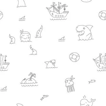 Cute Pirate elements Seamless Pattern. Cartoon items Pirate and objects. ba.. イラスト素材