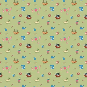 Cute Pirate elements Seamless Pattern. Cartoon items Pirate and objects. ba.. Stock Illustration