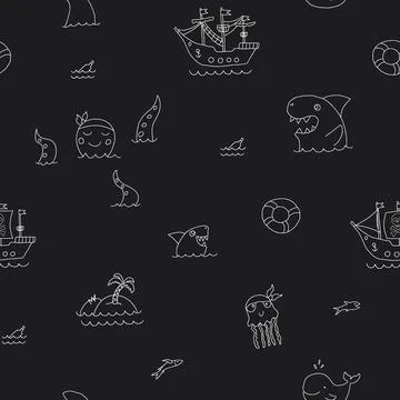 Cute Pirate elements Seamless Pattern. Cartoon items Pirate and objects. ba.. Stock Illustration