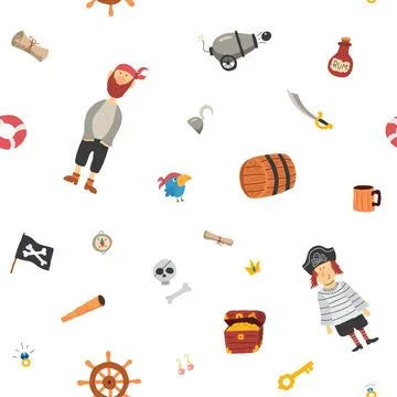 Cute Pirate elements Seamless Pattern. Cartoon items Pirate and objects. ba.. イラスト素材