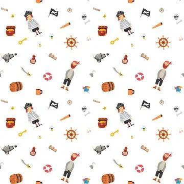 Cute Pirate elements Seamless Pattern. Cartoon items Pirate and objects. ba.. Illustrazione stock