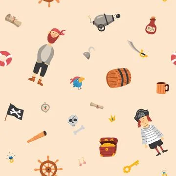 Cute Pirate elements Seamless Pattern. Cartoon items Pirate and objects. ba.. Stock Illustration