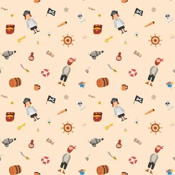 Cute Pirate elements Seamless Pattern. Cartoon items Pirate and objects. ba.. Stockillustratie