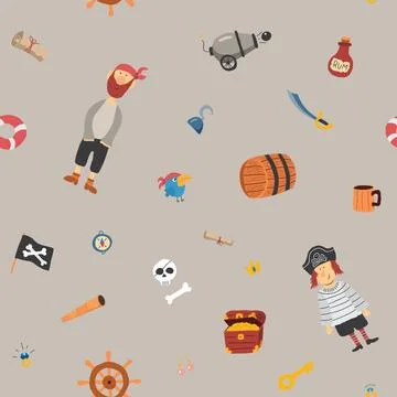 Cute Pirate elements Seamless Pattern. Cartoon items Pirate and objects. ba.. Stockillustratie