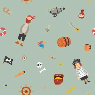 Cute Pirate elements Seamless Pattern. Cartoon items Pirate and objects. ba.. Stock Illustration