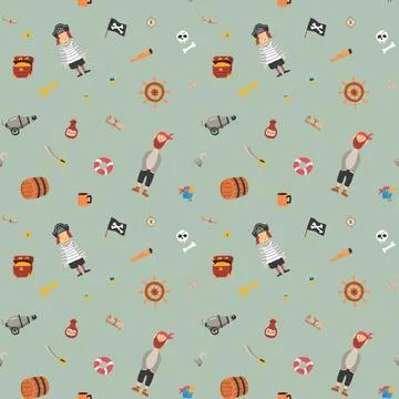 Cute Pirate elements Seamless Pattern. Cartoon items Pirate and objects. ba.. Illustrazione stock