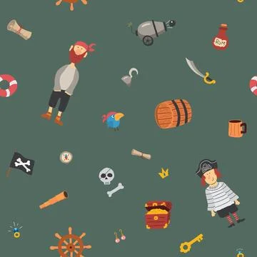 Cute Pirate elements Seamless Pattern. Cartoon items Pirate and objects. ba.. Stockillustratie