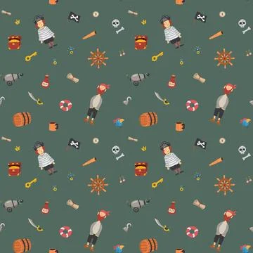 Cute Pirate elements Seamless Pattern. Cartoon items Pirate and objects. ba.. イラスト素材