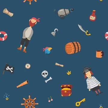 Cute Pirate elements Seamless Pattern. Cartoon items Pirate and objects. ba.. Stockillustratie