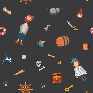 Cute Pirate elements Seamless Pattern. Cartoon items Pirate and objects. ba.. Illustrazione stock