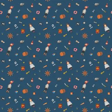 Cute Pirate elements Seamless Pattern. Cartoon items Pirate and objects. ba.. 库存插图