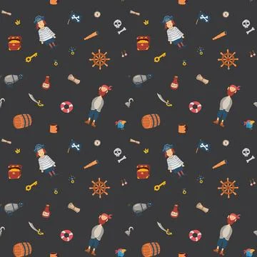 Cute Pirate elements Seamless Pattern. Cartoon items Pirate and objects. ba.. Stock Illustration