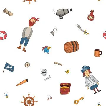 Cute Pirate elements Seamless Pattern. Cartoon items Pirate and objects. ba.. Stockillustratie