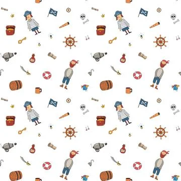 Cute Pirate elements Seamless Pattern. Cartoon items Pirate and objects. ba.. Stockillustratie