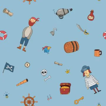 Cute Pirate elements Seamless Pattern. Cartoon items Pirate and objects. ba.. Illustrazione stock