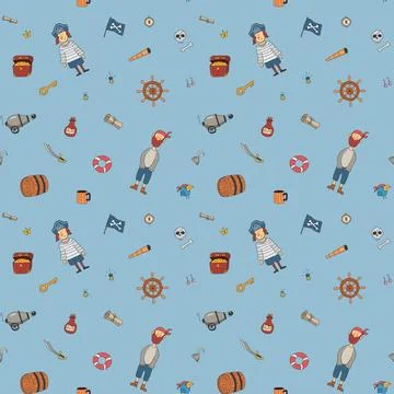 Cute Pirate elements Seamless Pattern. Cartoon items Pirate and objects. ba.. Stock Illustration