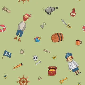 Cute Pirate elements Seamless Pattern. Cartoon items Pirate and objects. ba.. イラスト素材