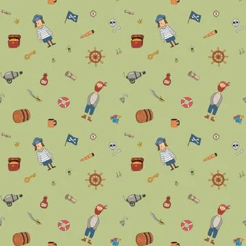 Cute Pirate elements Seamless Pattern. Cartoon items Pirate and objects. ba.. 스톡 일러스트