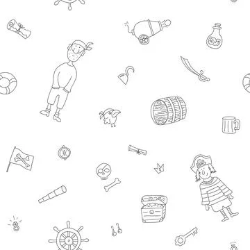 Cute Pirate elements Seamless Pattern. Cartoon items Pirate and objects. ba.. Illustrazione stock