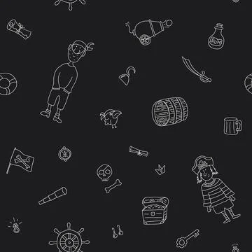 Cute Pirate elements Seamless Pattern. Cartoon items Pirate and objects. ba.. Illustrazione stock