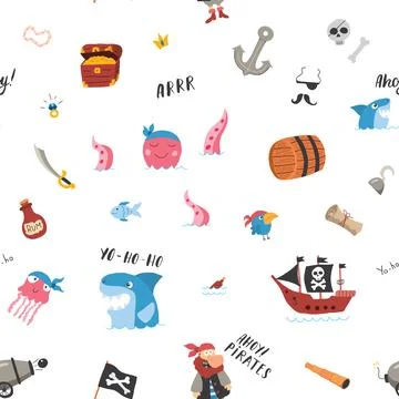 Cute Pirate elements Seamless Pattern. Cartoon items Pirate and objects. ba.. Stock Illustration