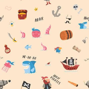 Cute Pirate elements Seamless Pattern. Cartoon items Pirate and objects. ba.. Stockillustratie