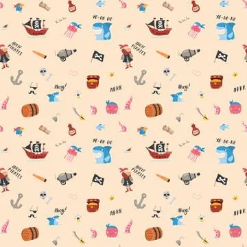 Cute Pirate elements Seamless Pattern. Cartoon items Pirate and objects. ba.. Stock Illustration