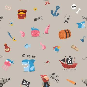 Cute Pirate elements Seamless Pattern. Cartoon items Pirate and objects. ba.. Stock Illustration