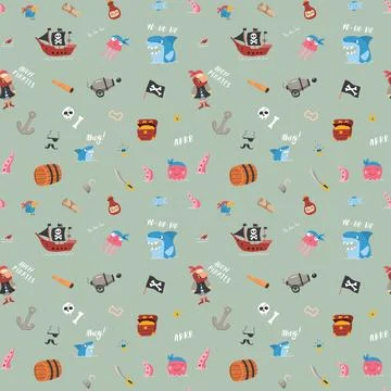 Cute Pirate elements Seamless Pattern. Cartoon items Pirate and objects. ba.. イラスト素材