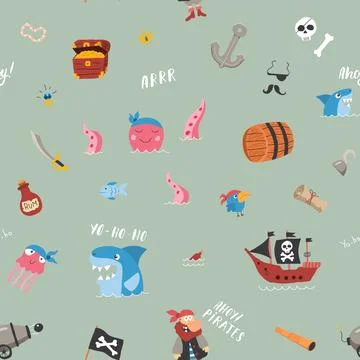 Cute Pirate elements Seamless Pattern. Cartoon items Pirate and objects. ba.. Illustrazione stock