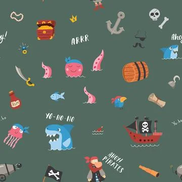 Cute Pirate elements Seamless Pattern. Cartoon items Pirate and objects. ba.. Stock Illustration