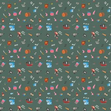 Cute Pirate elements Seamless Pattern. Cartoon items Pirate and objects. ba.. Illustrazione stock