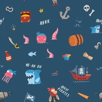 Cute Pirate elements Seamless Pattern. Cartoon items Pirate and objects. ba.. 스톡 일러스트