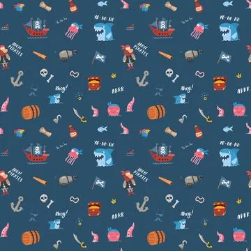 Cute Pirate elements Seamless Pattern. Cartoon items Pirate and objects. ba.. イラスト素材