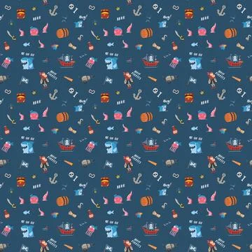 Cute Pirate elements Seamless Pattern. Cartoon items Pirate and objects. ba.. Stock Illustration