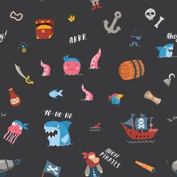 Cute Pirate elements Seamless Pattern. Cartoon items Pirate and objects. ba.. Illustrazione stock