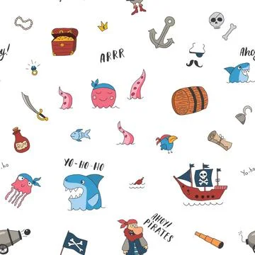 Cute Pirate elements Seamless Pattern. Cartoon items Pirate and objects. ba.. Stockillustratie