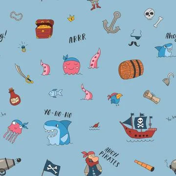 Cute Pirate elements Seamless Pattern. Cartoon items Pirate and objects. ba.. イラスト素材