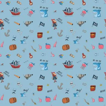 Cute Pirate elements Seamless Pattern. Cartoon items Pirate and objects. ba.. Illustrazione stock