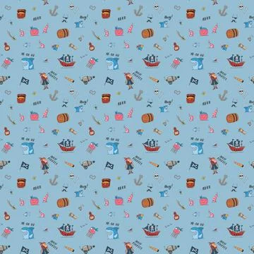 Cute Pirate elements Seamless Pattern. Cartoon items Pirate and objects. ba.. イラスト素材