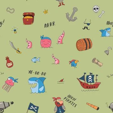 Cute Pirate elements Seamless Pattern. Cartoon items Pirate and objects. ba.. Stock Illustration