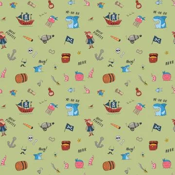 Cute Pirate elements Seamless Pattern. Cartoon items Pirate and objects. ba.. Stock Illustration
