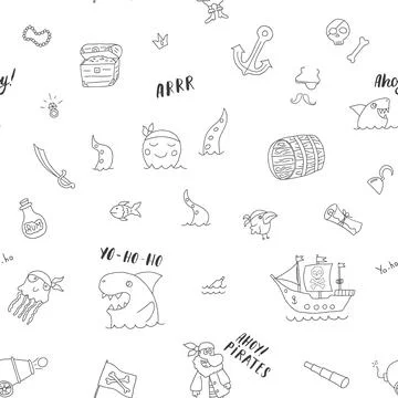 Cute Pirate elements Seamless Pattern. Cartoon items Pirate and objects. ba.. Illustrazione stock