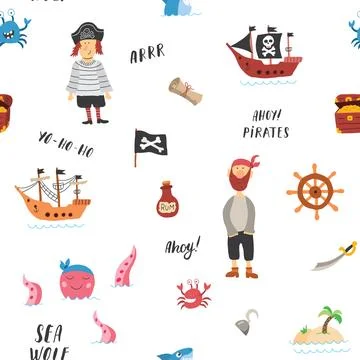 Cute Pirate elements Seamless Pattern. Cartoon items Pirate and objects. ba.. Stockillustratie