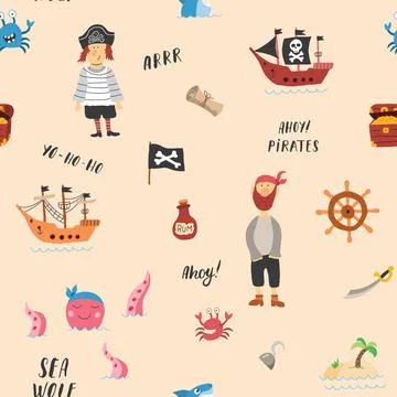 Cute Pirate elements Seamless Pattern. Cartoon items Pirate and objects. ba.. Stock Illustration