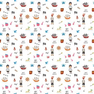 Cute Pirate elements Seamless Pattern. Cartoon items Pirate and objects. ba.. Illustrazione stock