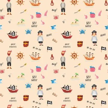 Cute Pirate elements Seamless Pattern. Cartoon items Pirate and objects. ba.. Stock Illustration