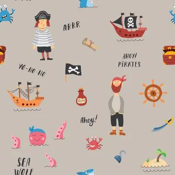 Cute Pirate elements Seamless Pattern. Cartoon items Pirate and objects. ba.. イラスト素材
