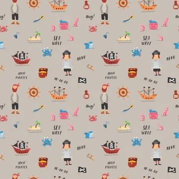 Cute Pirate elements Seamless Pattern. Cartoon items Pirate and objects. ba.. Illustrazione stock