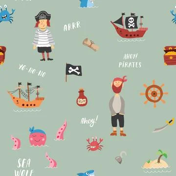 Cute Pirate elements Seamless Pattern. Cartoon items Pirate and objects. ba.. Stockillustratie